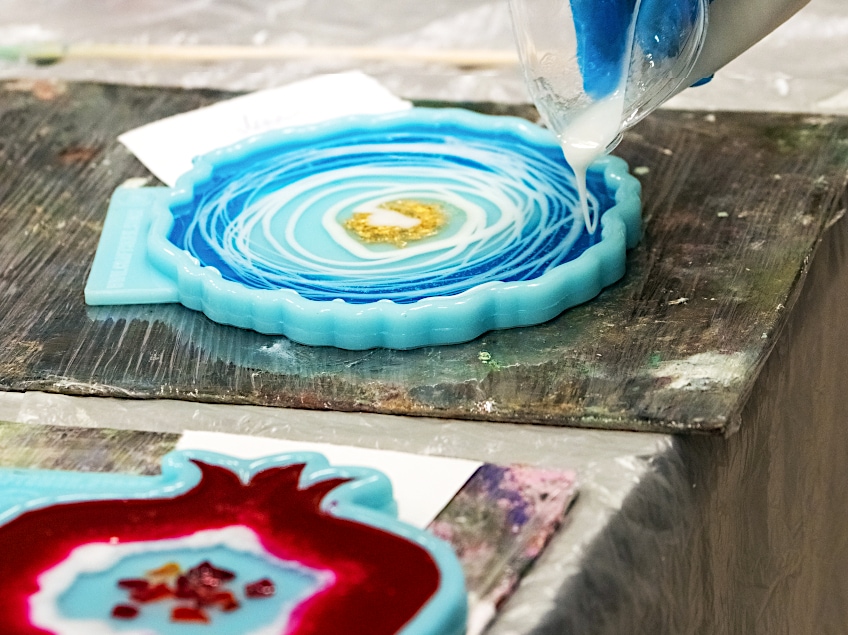 Pouring Resin in Coaster Molds